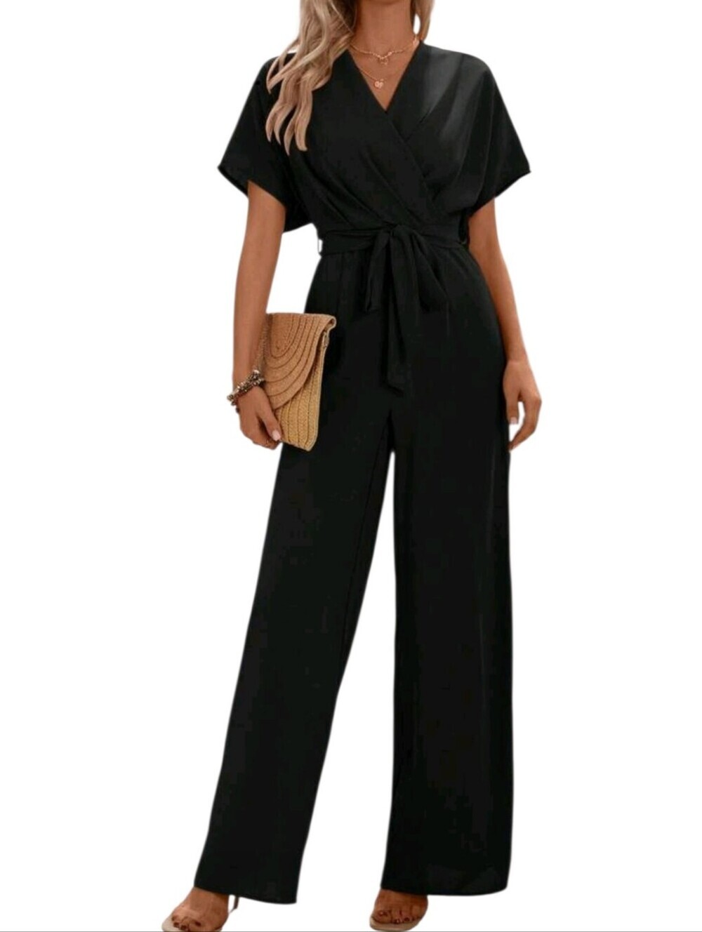 NWT Women’s Black Wrap Jumpsuit with Pleated Bottom And Tie Waist